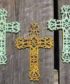The Birdhouse Chick Cast Iron Crosses Set Of 3-Antique And Verde Finish